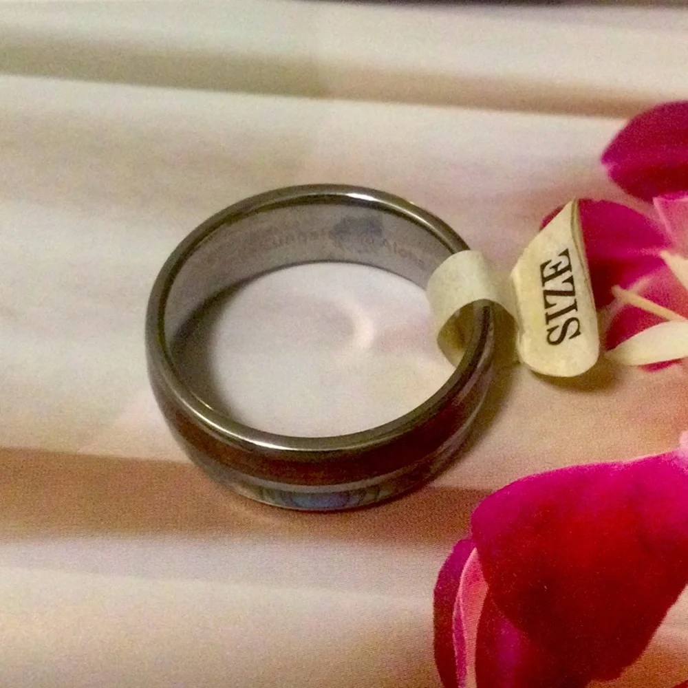 Big Sale,Koa Wood and Abolani inlaid with Tungsten’s ring.8MM Size 12”